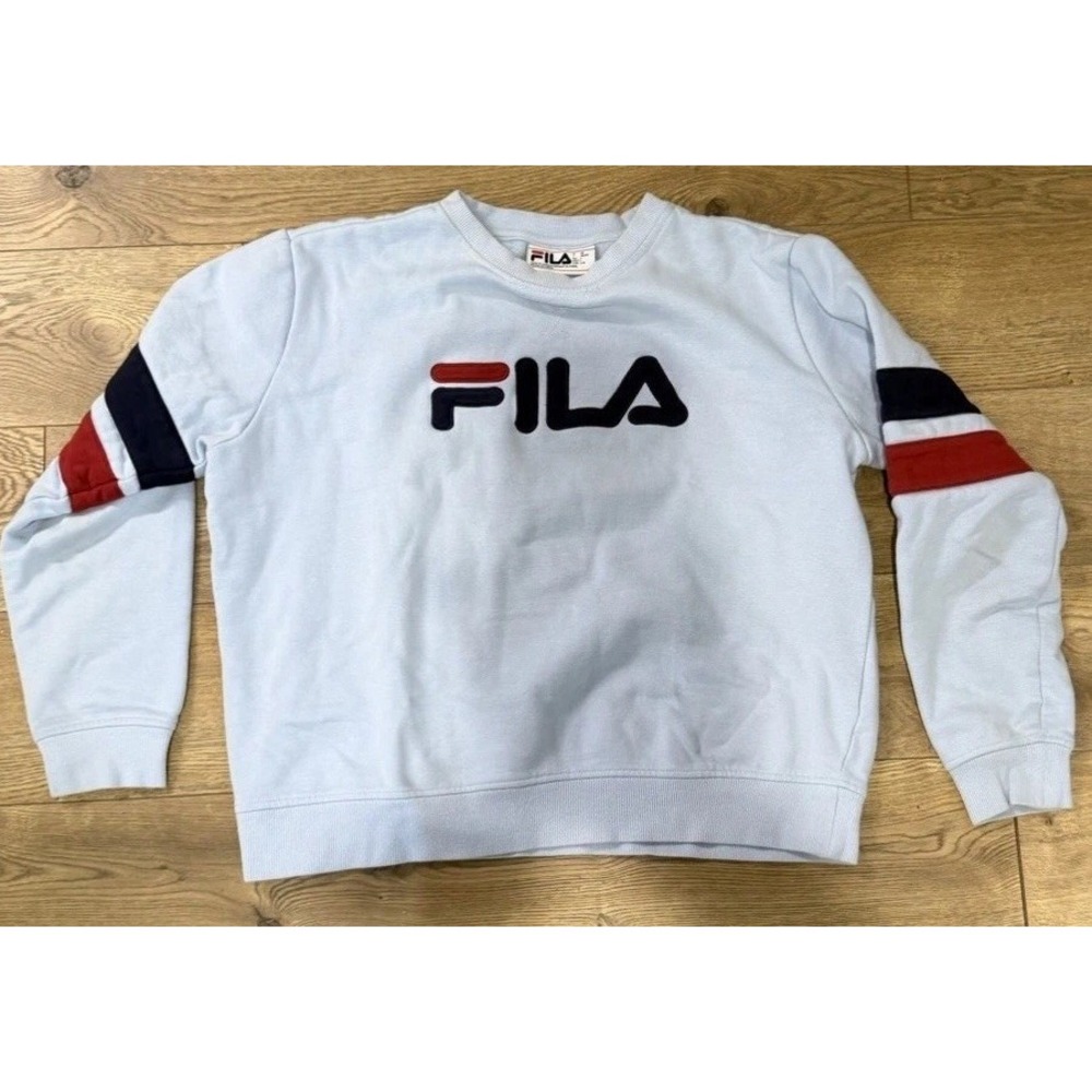 Vintage FILA Crewneck Pullover Sweatshirt Embroidered Logo Stripe Sleeves L Y2K